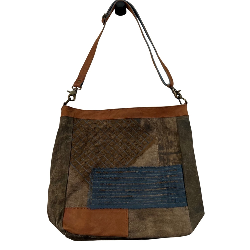 Mona B Patchwork Canvas Crossbody Bag Distressed Upcycled Leather Trim Textured